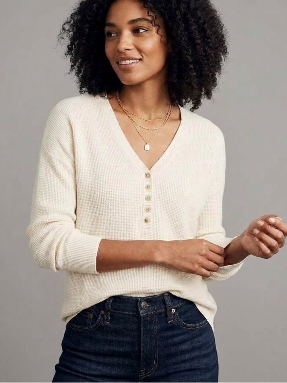 Madewell Asherton Antique Cream V-Neck Henley Waffle Knit Wool Blend Sweater